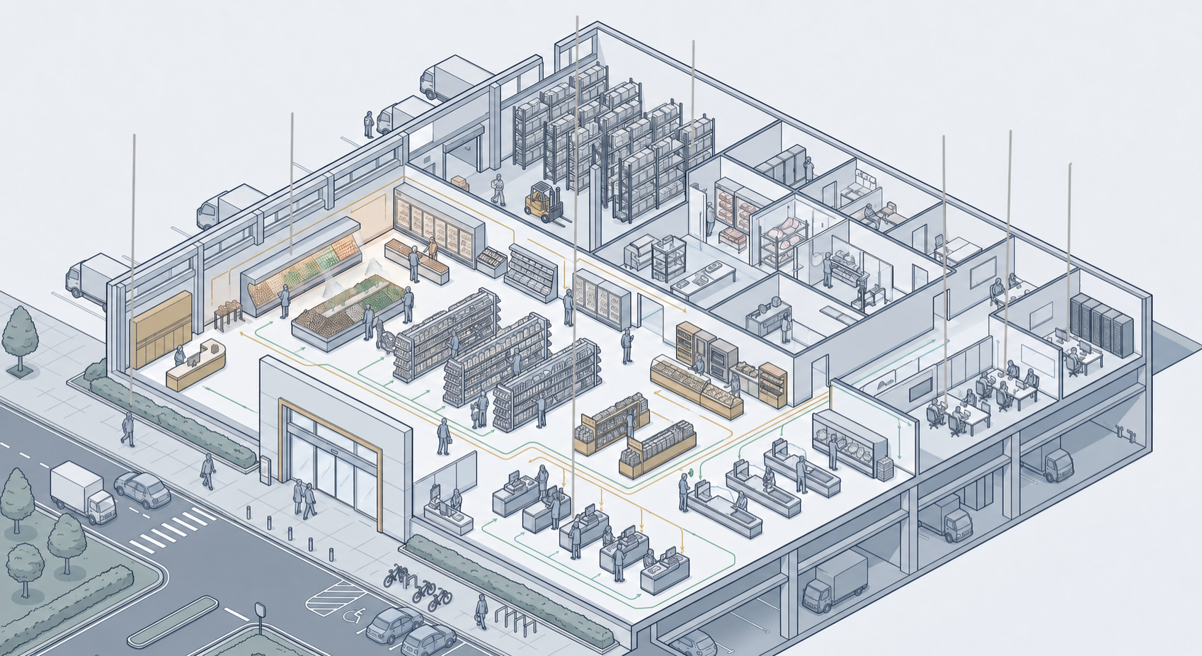 Cartoon view of a supermarket and its different work areas